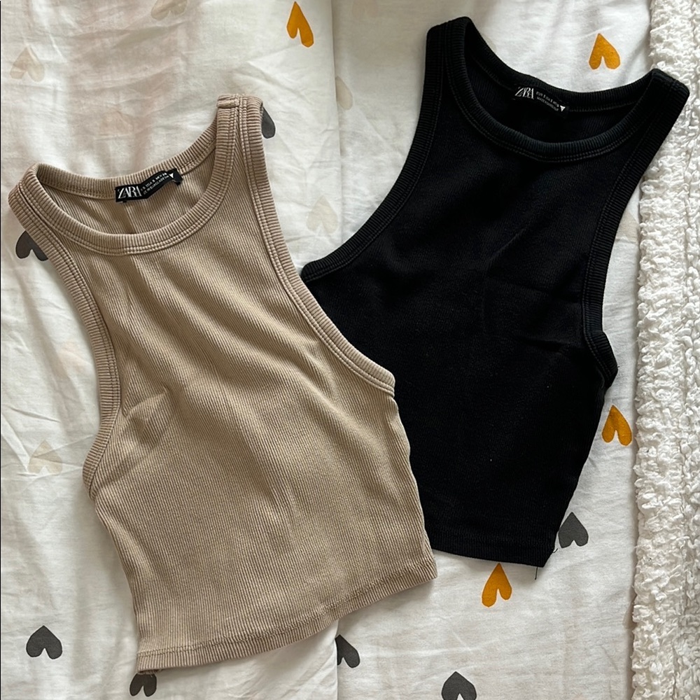 Zara Tan and Black Ribbed Crop Tank Tops